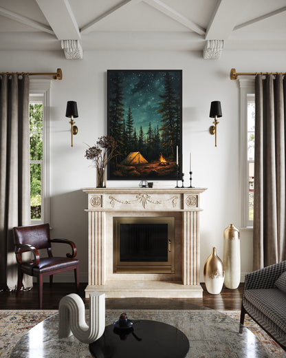 Campfire And Tent In Pine Tree Forest Camping Wall Art For Cabin Decor