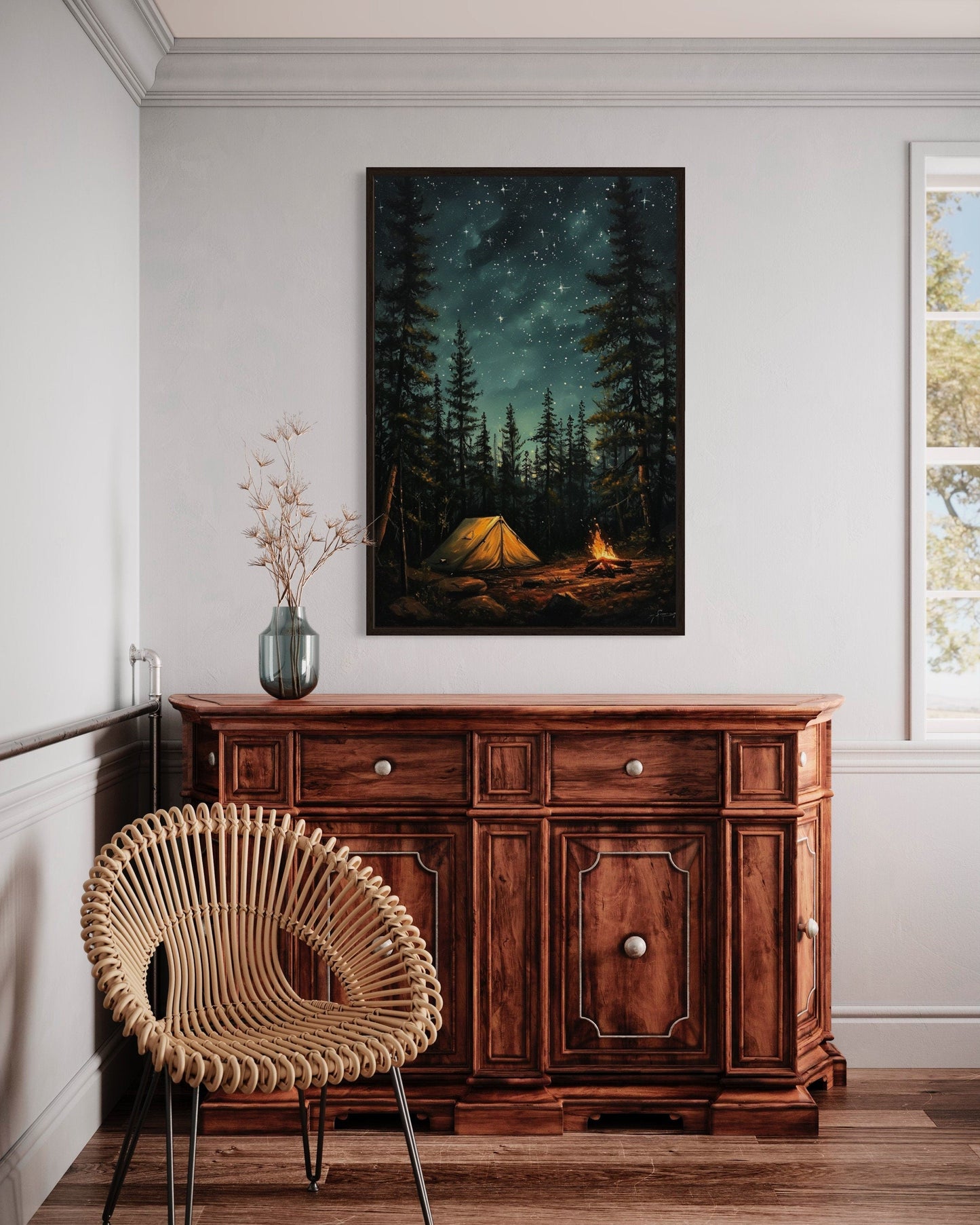Campfire And Tent In Pine Tree Forest Camping Wall Art For Cabin Decor