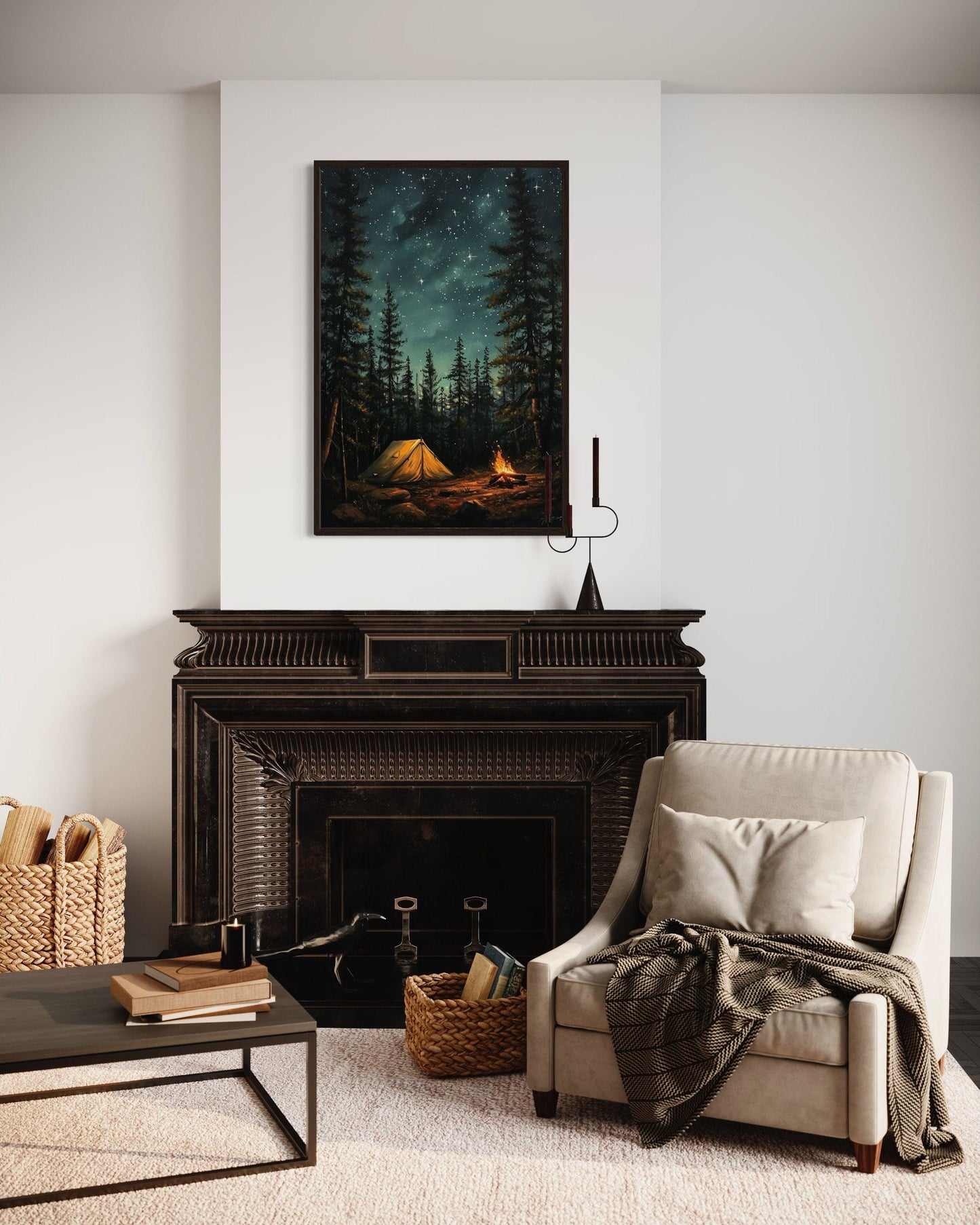 Campfire And Tent In Pine Tree Forest Camping Wall Art For Cabin Decor