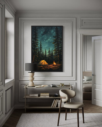 Campfire And Tent In Pine Tree Forest Camping Wall Art For Cabin Decor