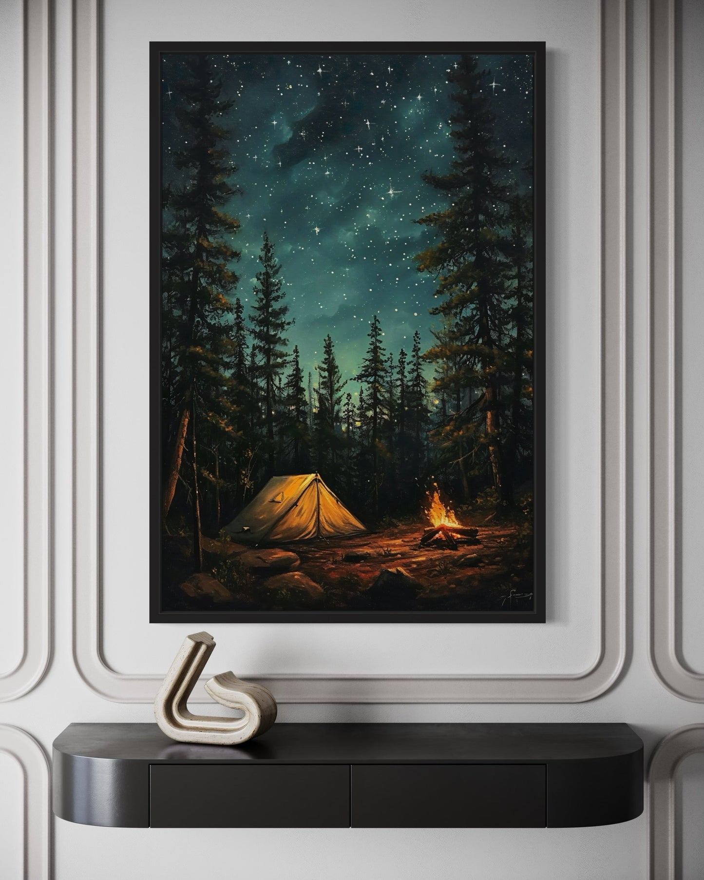 Campfire And Tent In Pine Tree Forest Camping Wall Art For Cabin Decor