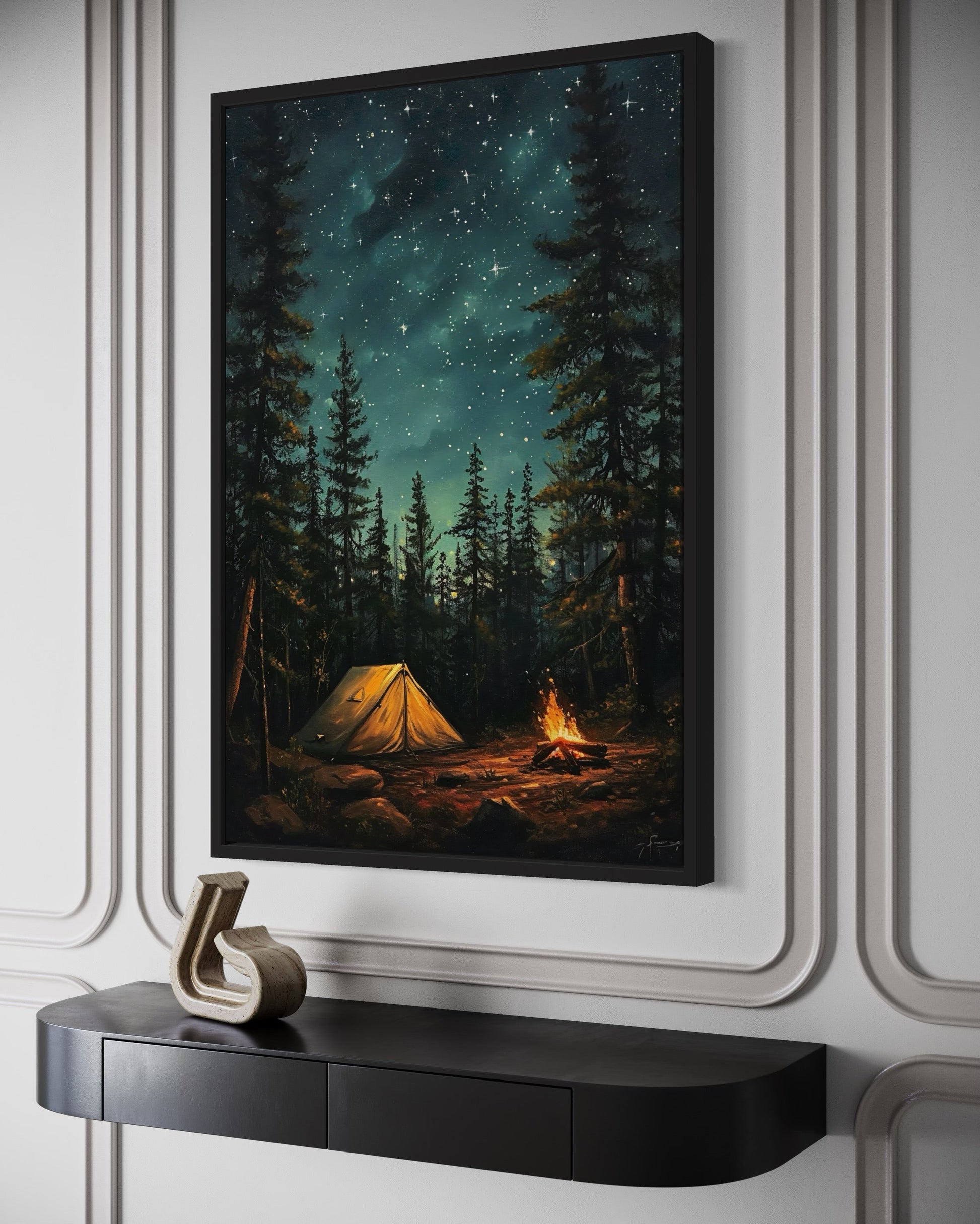 Campfire And Tent In Pine Tree Forest Camping Wall Art For Cabin Decor