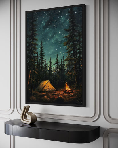 Campfire And Tent In Pine Tree Forest Camping Wall Art For Cabin Decor