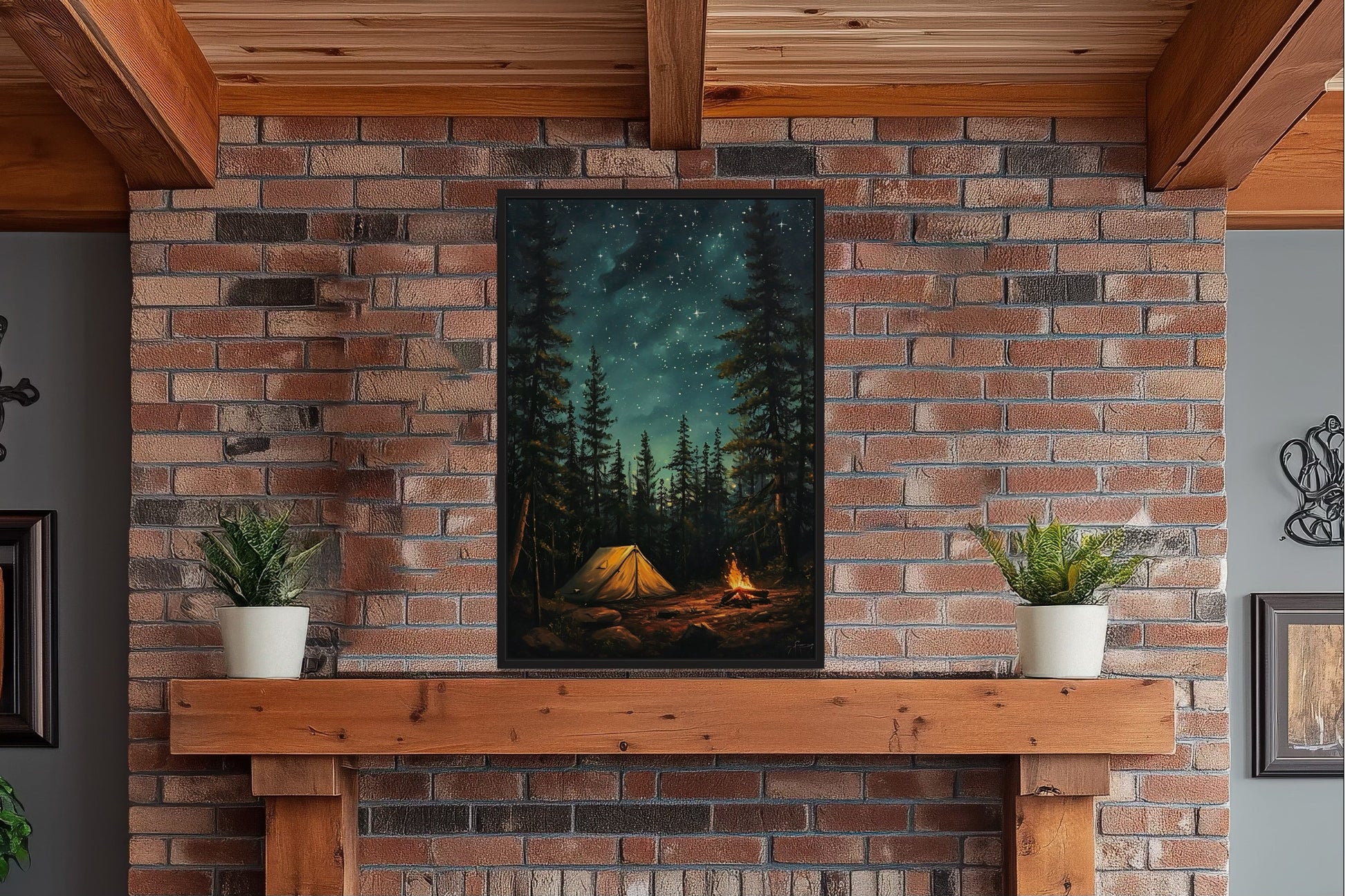 Campfire And Tent In Pine Tree Forest Camping Wall Art For Cabin Decor