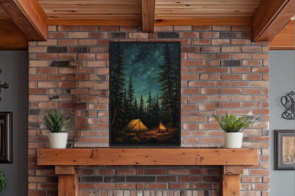 Campfire And Tent In Pine Tree Forest Camping Wall Art For Cabin Decor