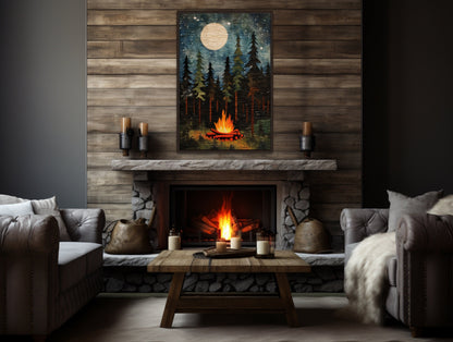 Campfire At Night, Cozy Cabin Over Mantel Framed Canvas Wall Art