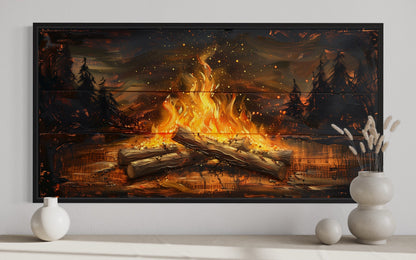 Campfire Wall Art - Rustic Cabin Decor On Distressed Wood For Lodge Style