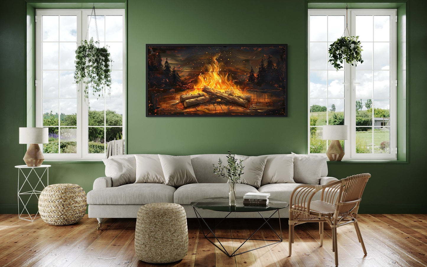 Campfire Wall Art - Rustic Cabin Decor On Distressed Wood For Lodge Style