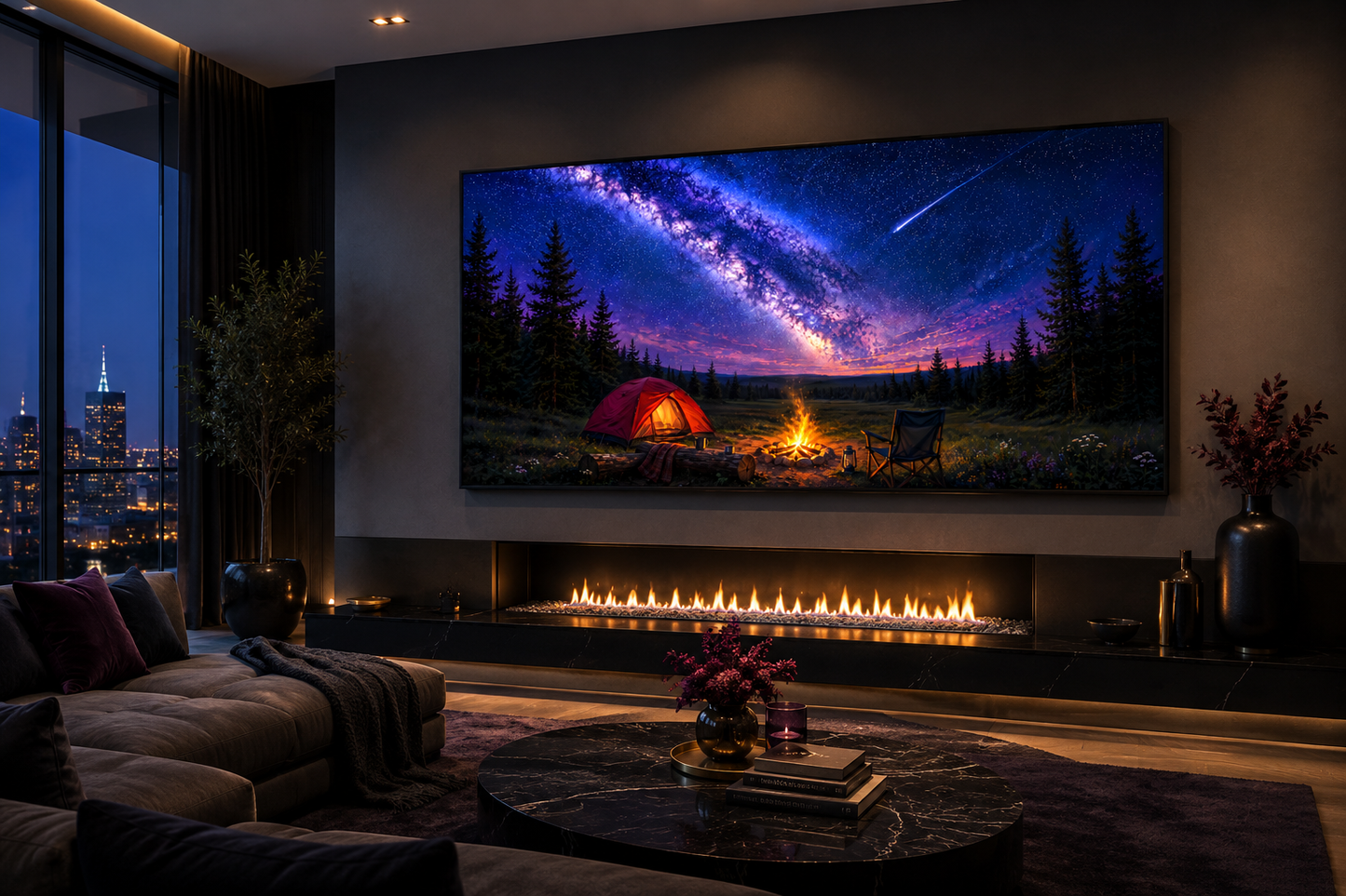 Campfire Camping Scene Under Milky Way Night Sky Painting, Milky Way and Shooting Star Canvas Wall Art