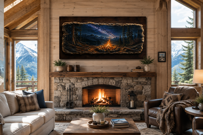 Campfire Wall Art - Rustic Cabin Decor With Wooden Camping Sign & Fireplace Mantel