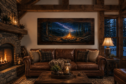 Campfire Wall Art - Rustic Cabin Decor With Wooden Camping Sign & Fireplace Mantel