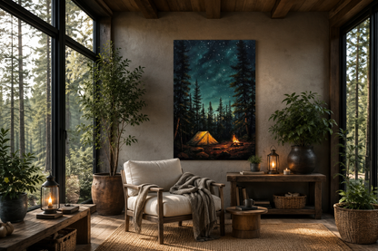 Campfire And Tent In Pine Tree Forest Camping Wall Art For Cabin Decor