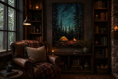 Campfire And Tent In Pine Tree Forest Camping Wall Art For Cabin Decor