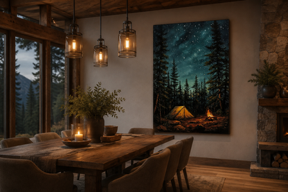 Campfire And Tent In Pine Tree Forest Camping Wall Art For Cabin Decor