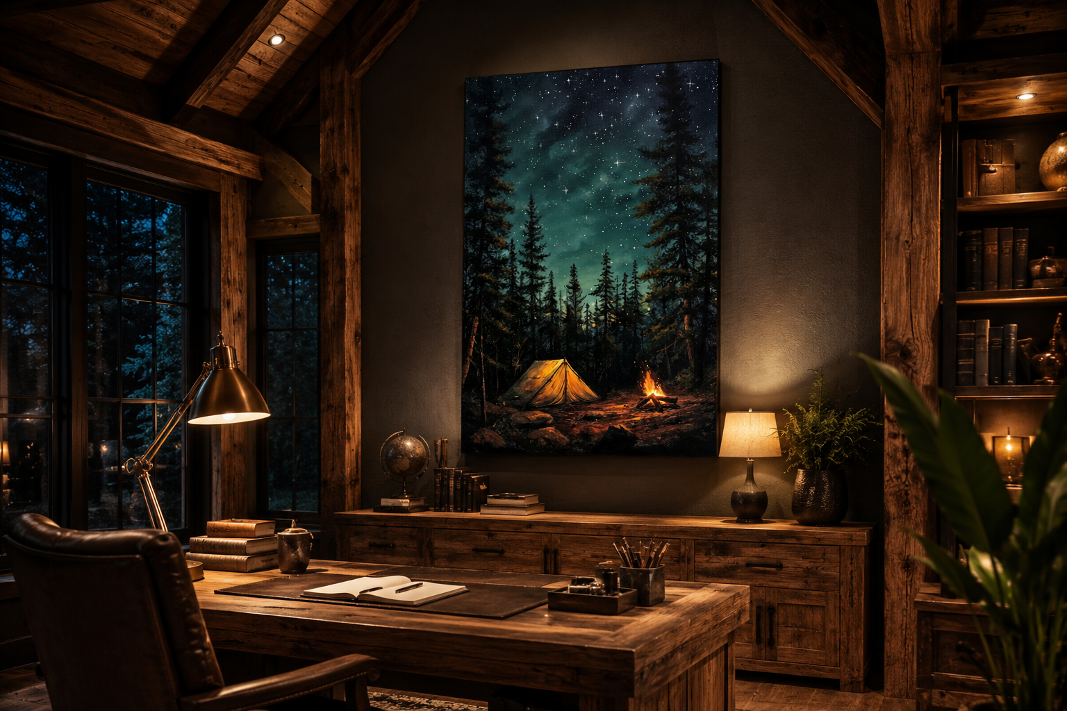 Campfire And Tent In Pine Tree Forest Camping Wall Art For Cabin Decor