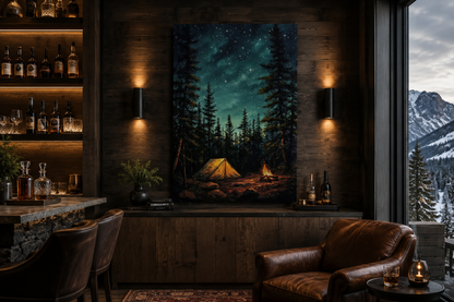 Campfire And Tent In Pine Tree Forest Camping Wall Art For Cabin Decor