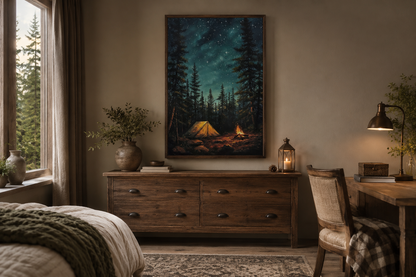 Campfire And Tent In Pine Tree Forest Camping Wall Art For Cabin Decor
