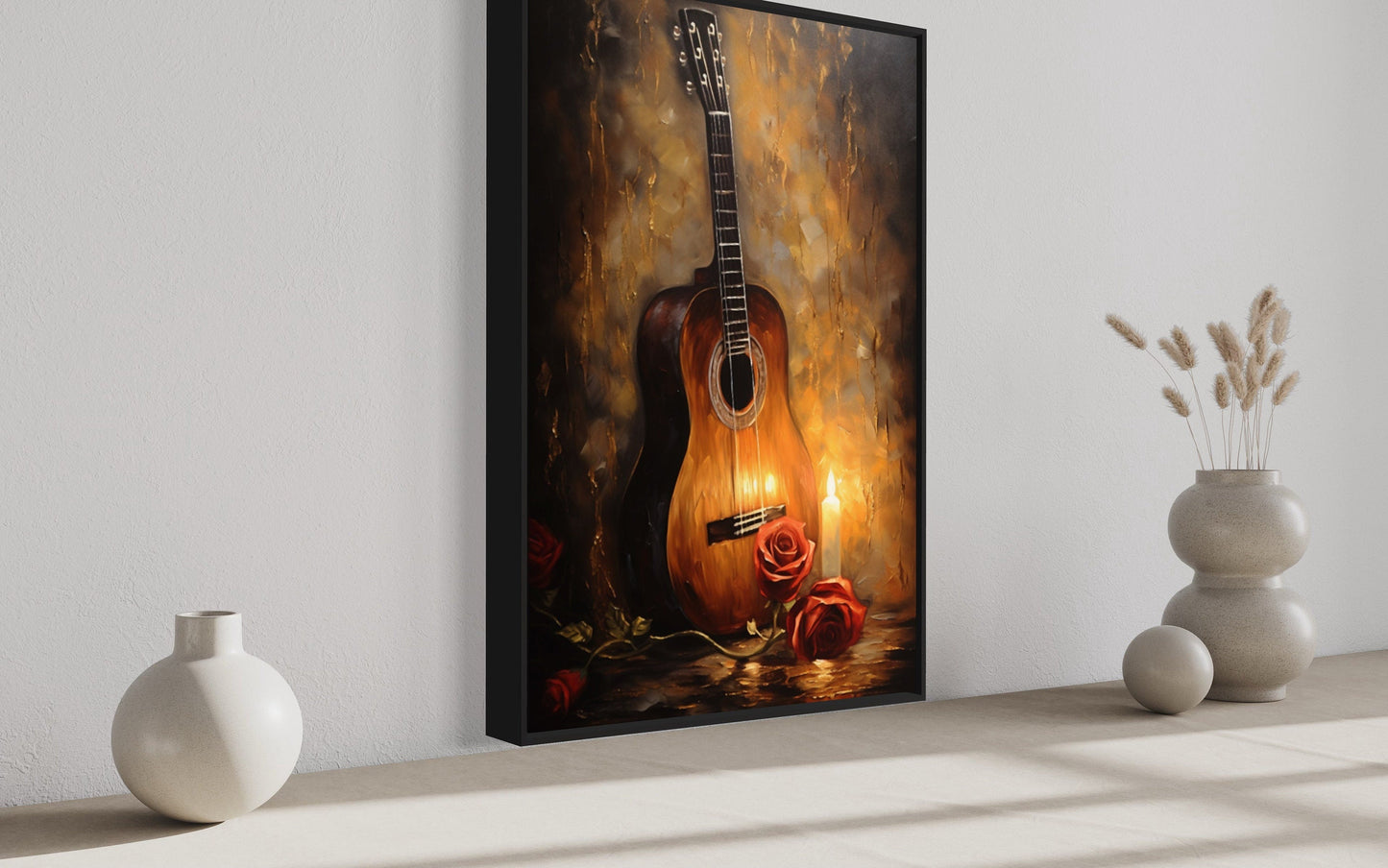 Candlelit Acoustic Guitar And Rose Framed Canvas Wall Art