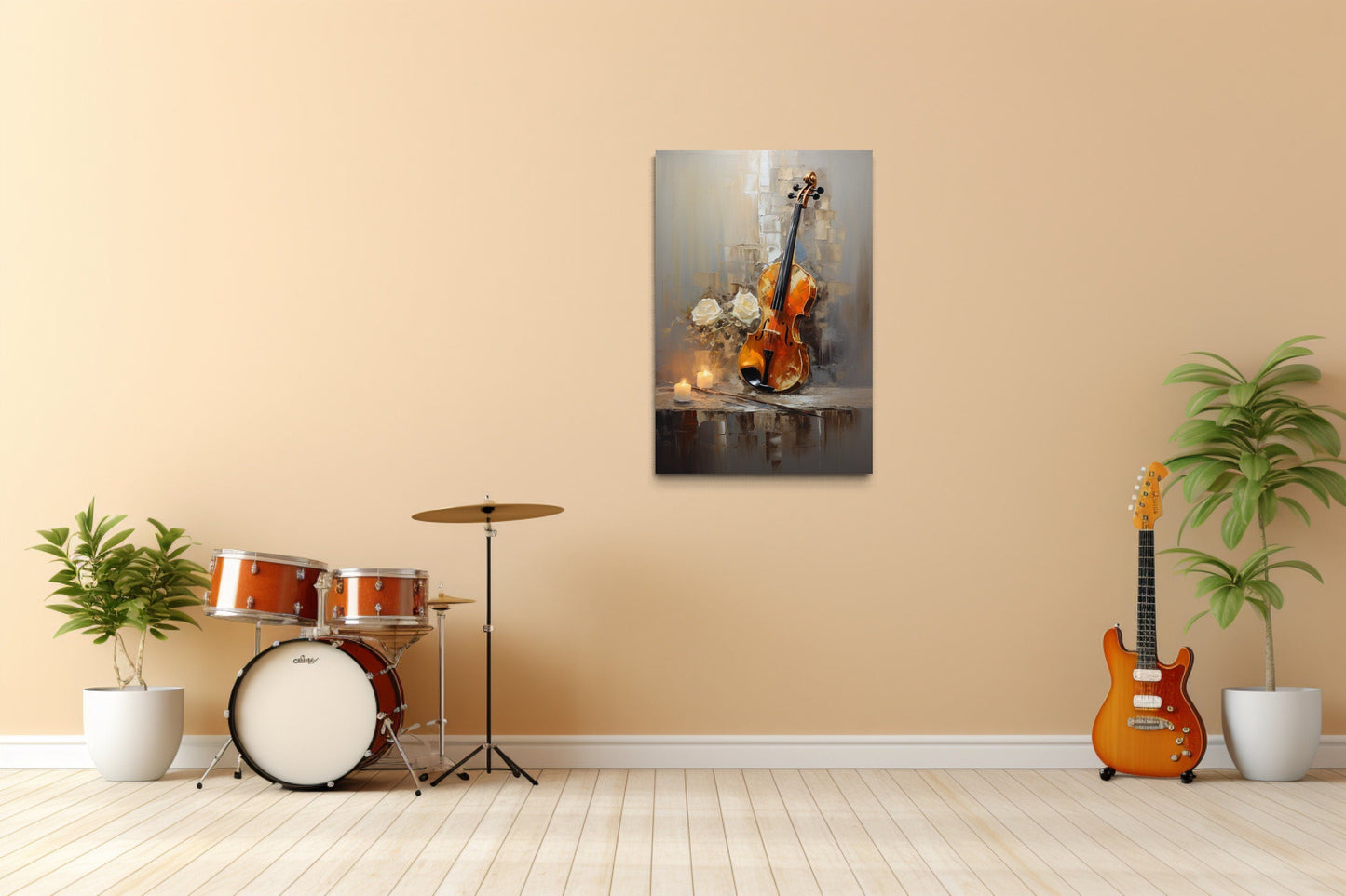 Candlelit Violin Abstract Painting Framed Canvas Wall Art
