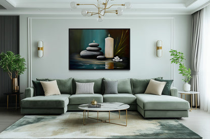 Candles And Stacked Rocks Zen Framed Canvas Wall Art