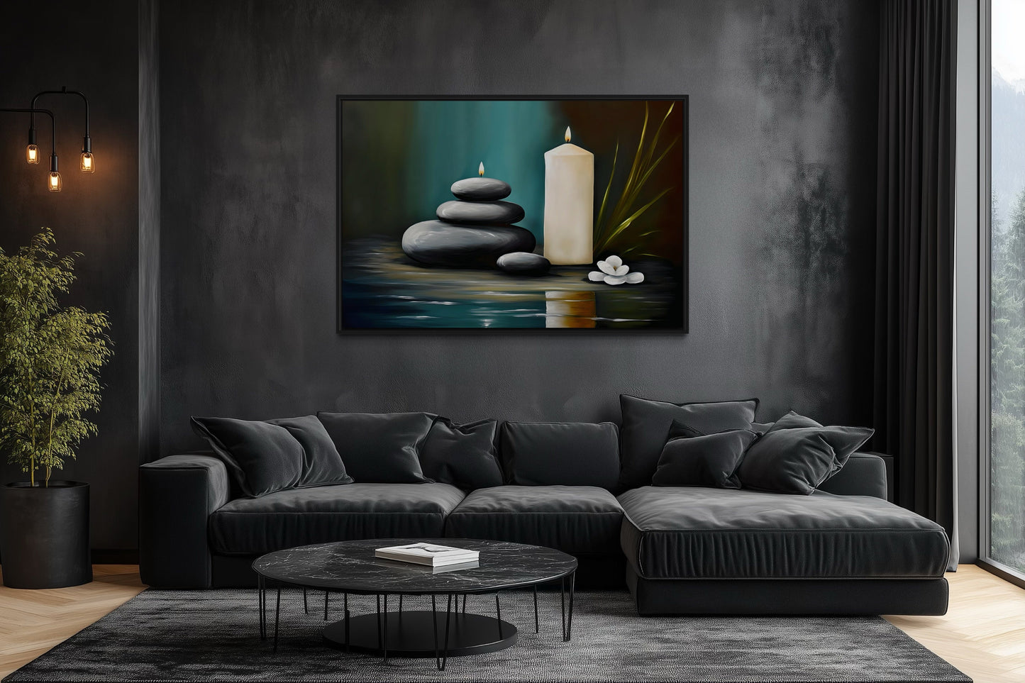 Candles And Stacked Rocks Zen Framed Canvas Wall Art