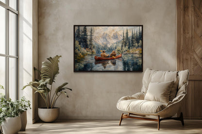 Canoe Adventure Wall Art, Man and Bear on Mountain Lake For Fishing Cabin Decor