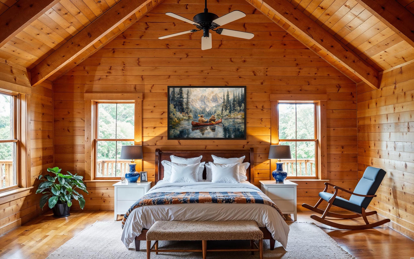 Canoe Adventure Wall Art, Man and Bear on Mountain Lake For Fishing Cabin Decor