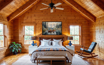 Canoe Adventure Wall Art, Man and Bear on Mountain Lake For Fishing Cabin Decor