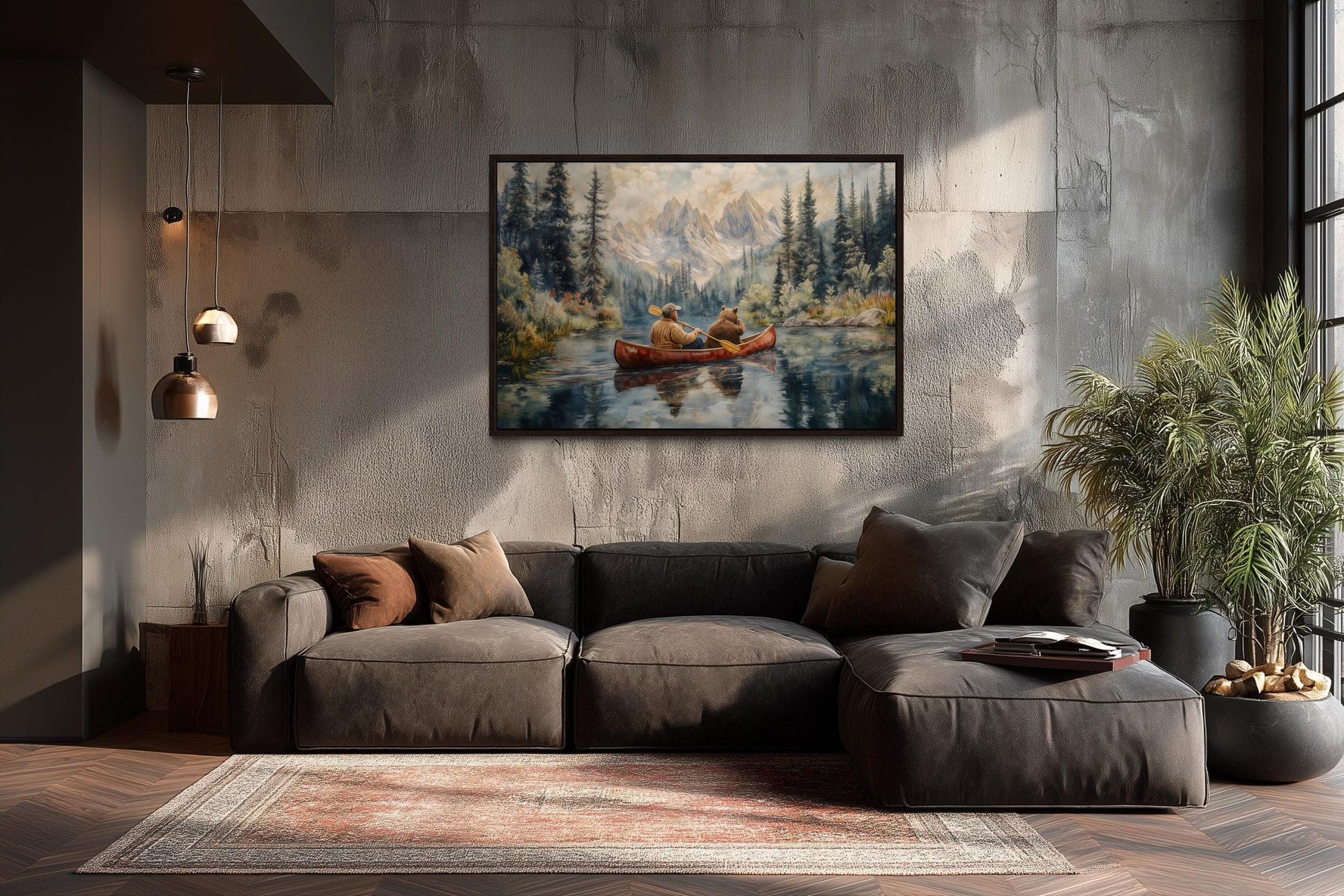 Canoe Adventure Wall Art, Man and Bear on Mountain Lake For Fishing Cabin Decor
