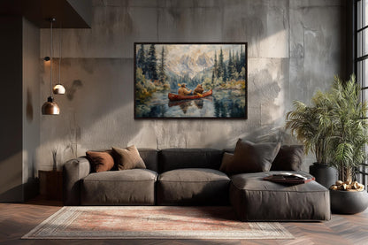 Canoe Adventure Wall Art, Man and Bear on Mountain Lake For Fishing Cabin Decor