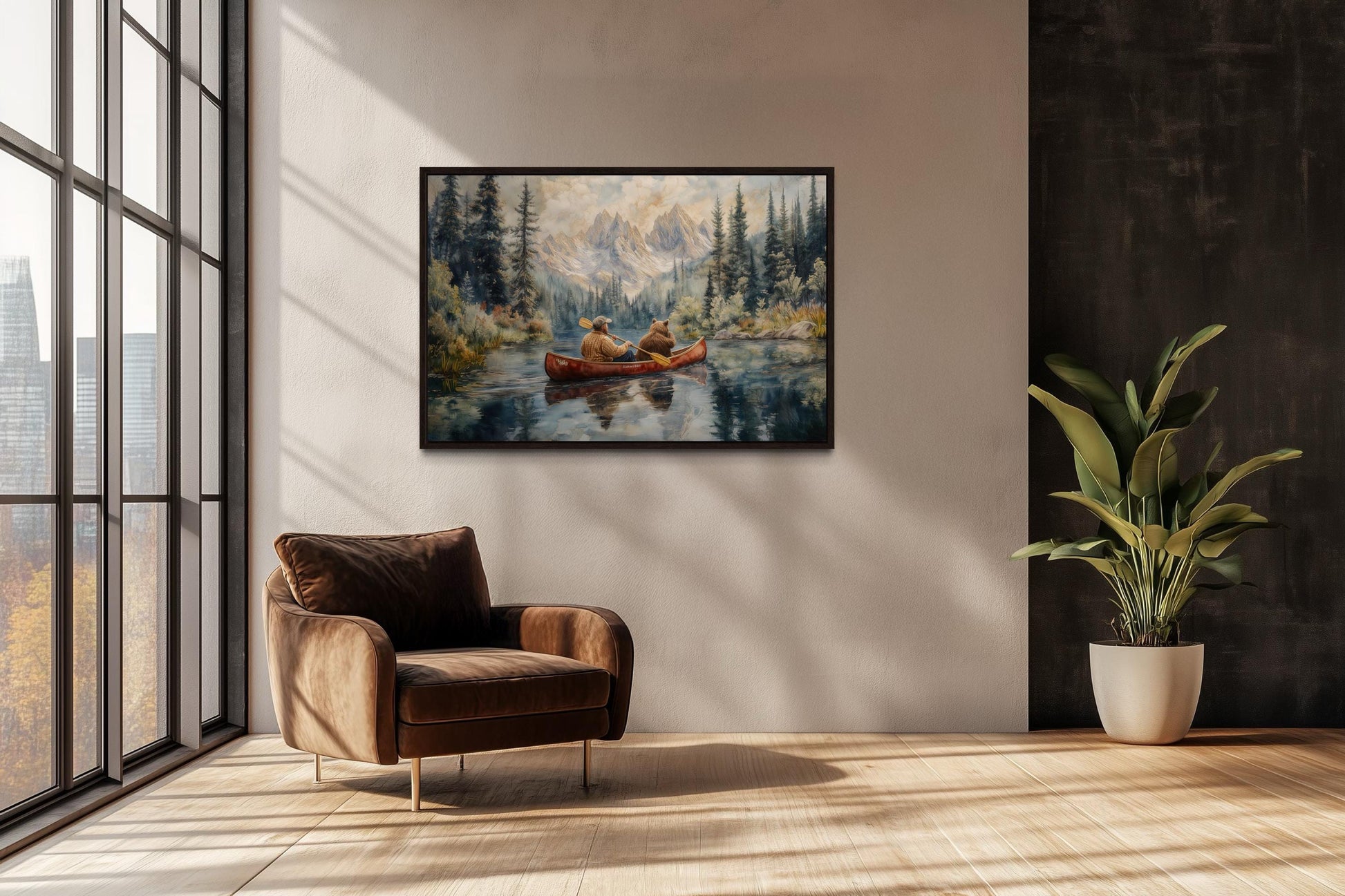Canoe Adventure Wall Art, Man and Bear on Mountain Lake For Fishing Cabin Decor