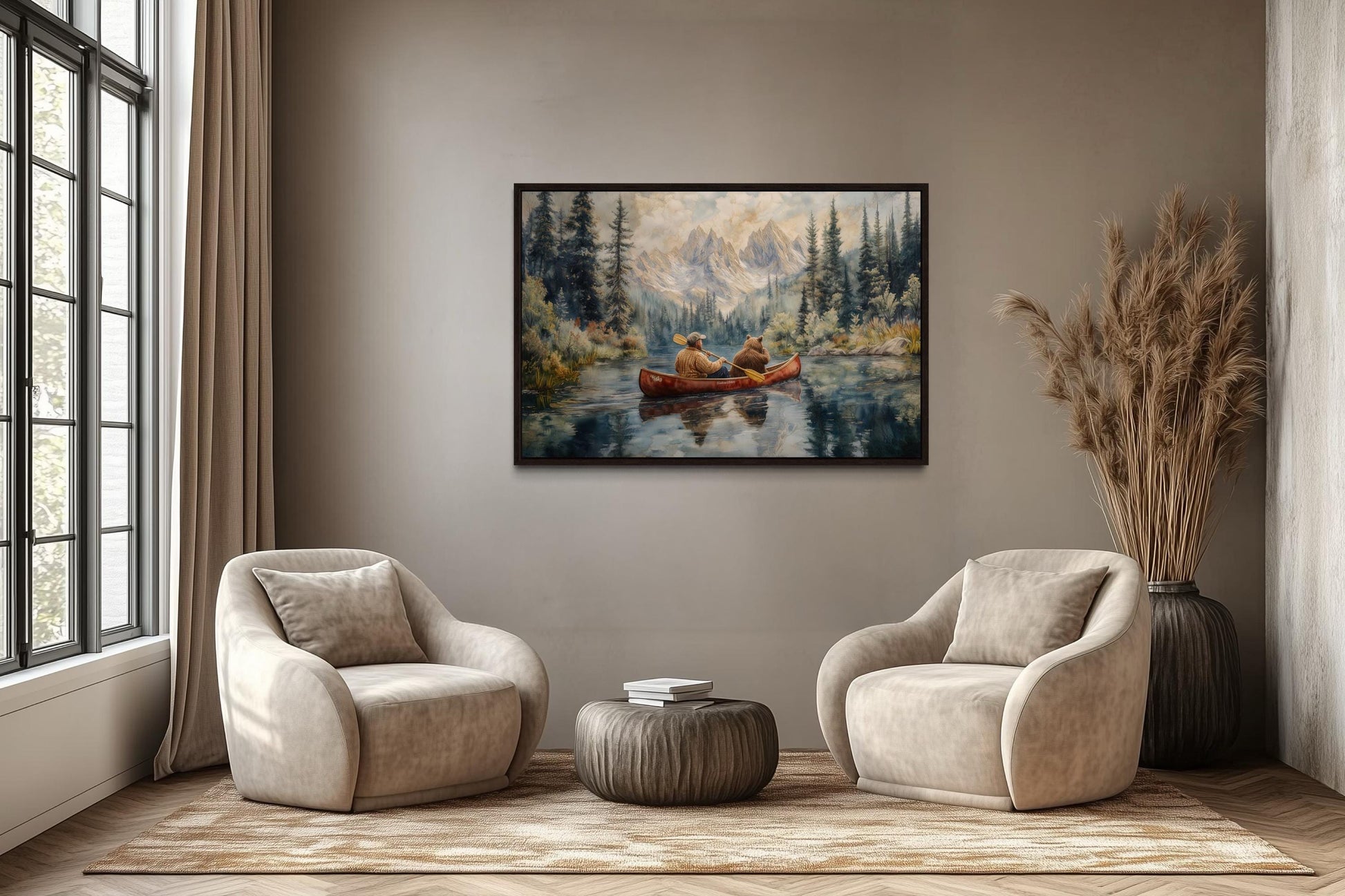 Canoe Adventure Wall Art, Man and Bear on Mountain Lake For Fishing Cabin Decor