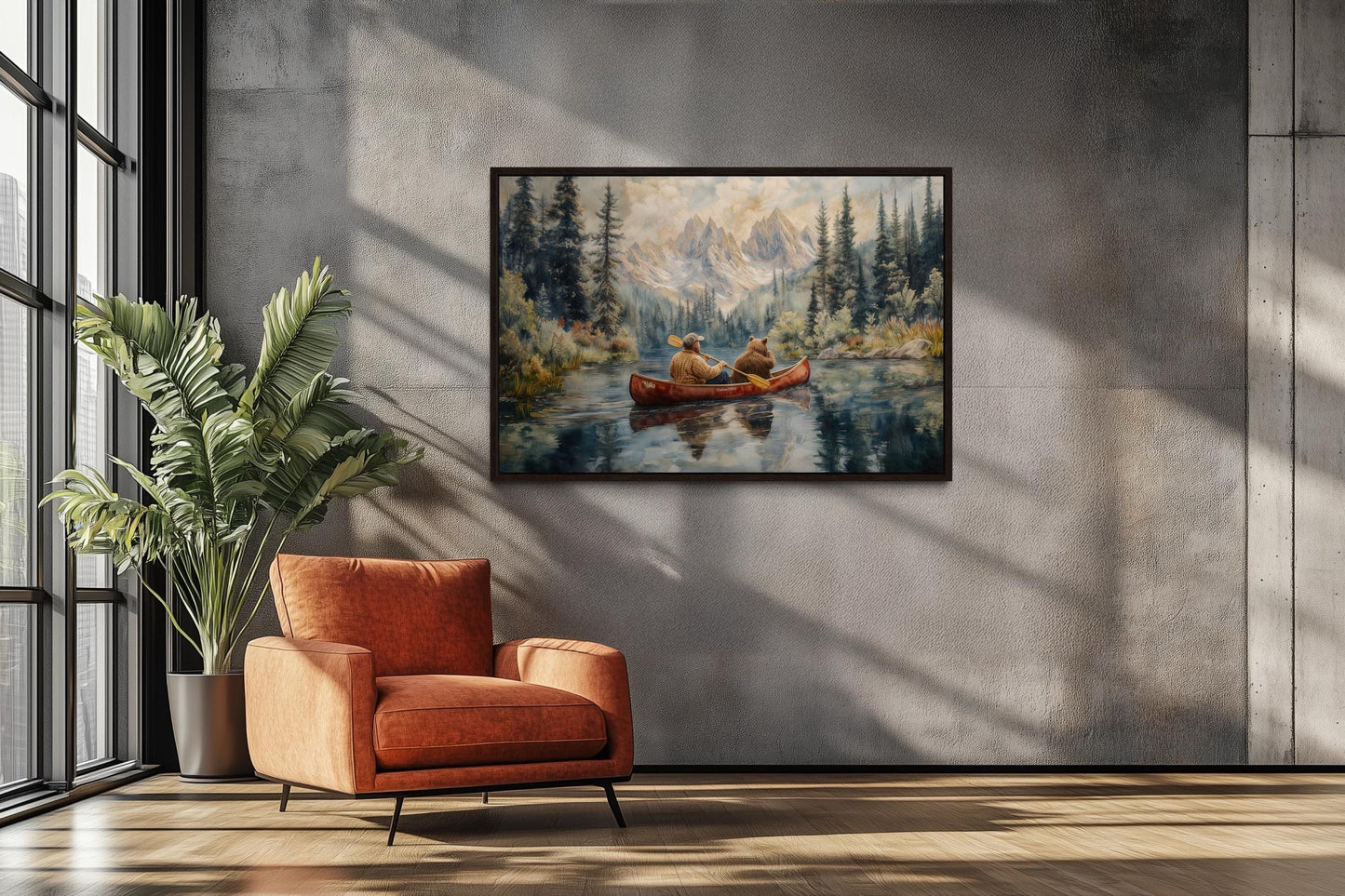 Canoe Adventure Wall Art, Man and Bear on Mountain Lake For Fishing Cabin Decor