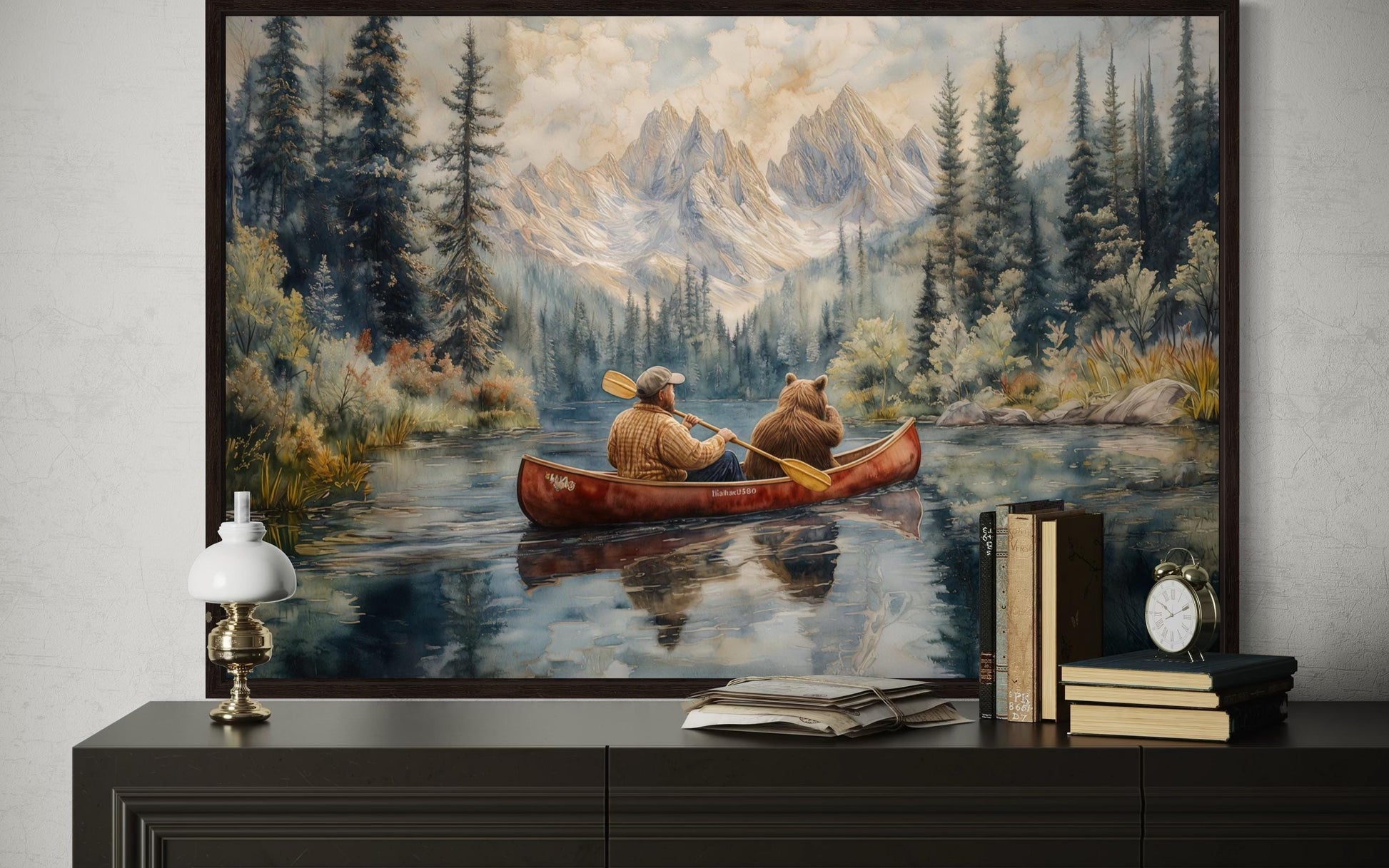 Canoe Adventure Wall Art, Man and Bear on Mountain Lake For Fishing Cabin Decor