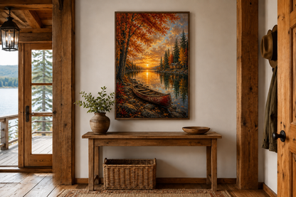 Canoe In Autumn Lake Wall Art - Fall Painting | Vertical Canvas Print, Rustic Cabin Decor