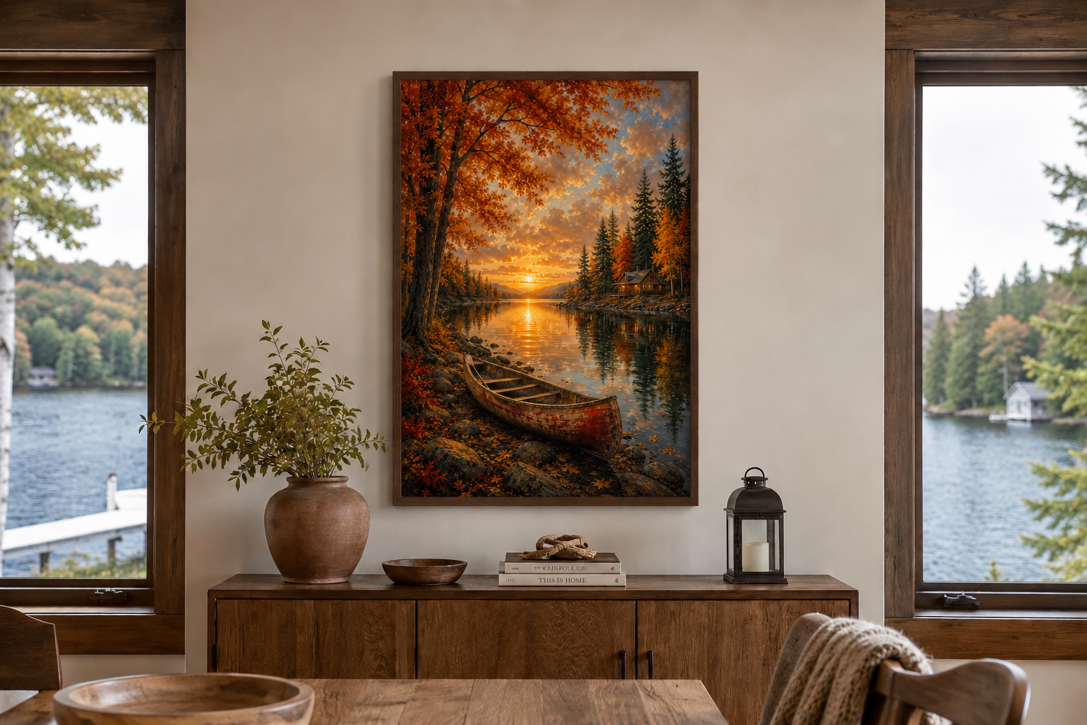 Canoe In Autumn Lake Wall Art - Fall Painting | Vertical Canvas Print, Rustic Cabin Decor