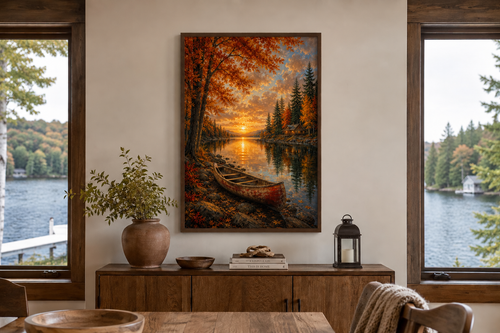 Canoe In Autumn Lake Wall Art - Fall Painting | Vertical Canvas Print, Rustic Cabin Decor