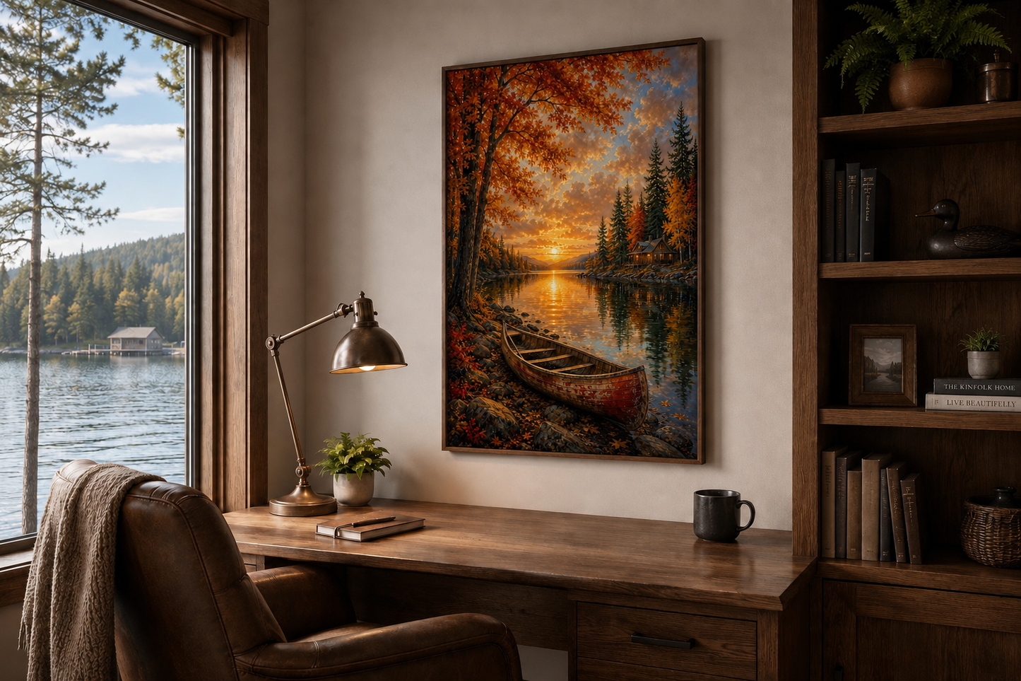 Canoe In Autumn Lake Wall Art - Fall Painting | Vertical Canvas Print, Rustic Cabin Decor