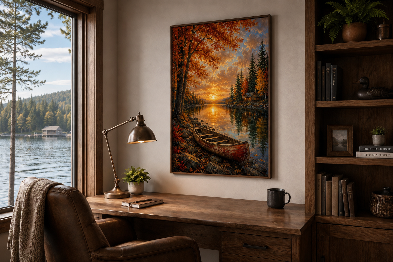 Canoe In Autumn Lake Wall Art - Fall Painting | Vertical Canvas Print, Rustic Cabin Decor