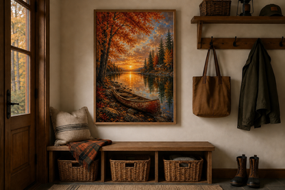 Canoe In Autumn Lake Wall Art - Fall Painting | Vertical Canvas Print, Rustic Cabin Decor