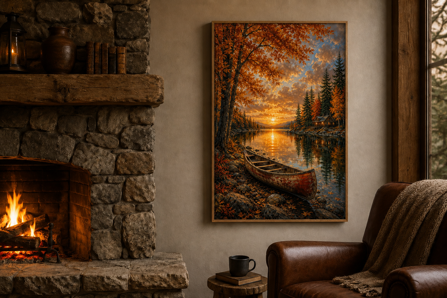 Canoe In Autumn Lake Wall Art - Fall Painting | Vertical Canvas Print, Rustic Cabin Decor