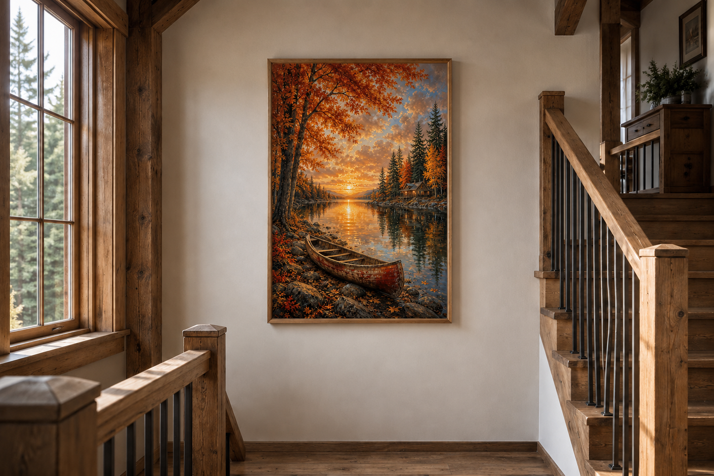 Canoe In Autumn Lake Wall Art - Fall Painting | Vertical Canvas Print, Rustic Cabin Decor