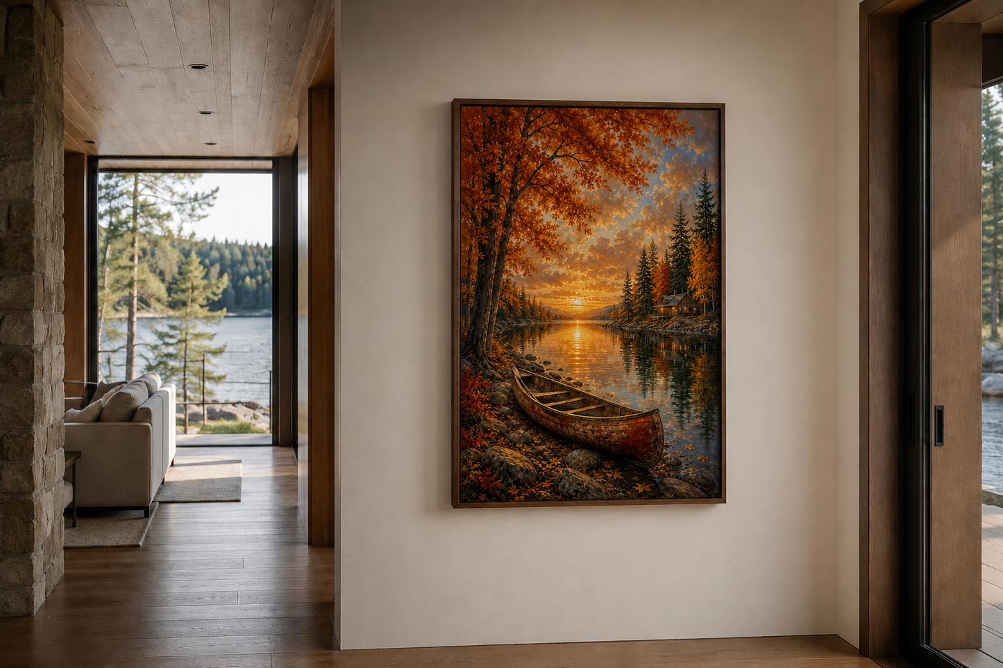 Canoe In Autumn Lake Wall Art - Fall Painting | Vertical Canvas Print, Rustic Cabin Decor