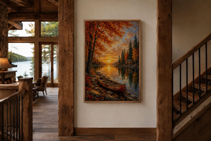 Canoe In Autumn Lake Wall Art - Fall Painting | Vertical Canvas Print, Rustic Cabin Decor