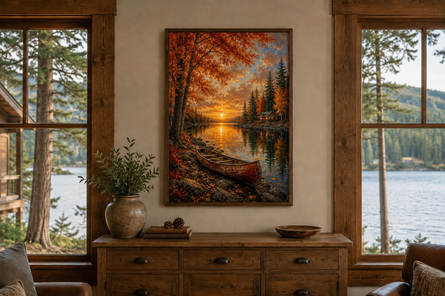 Canoe In Autumn Lake Wall Art - Fall Painting | Vertical Canvas Print, Rustic Cabin Decor