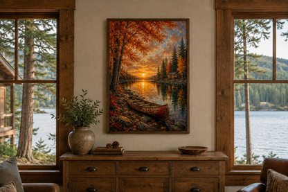 Canoe In Autumn Lake Wall Art - Fall Painting | Vertical Canvas Print, Rustic Cabin Decor