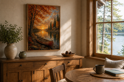Canoe In Autumn Lake Wall Art - Fall Painting | Vertical Canvas Print, Rustic Cabin Decor