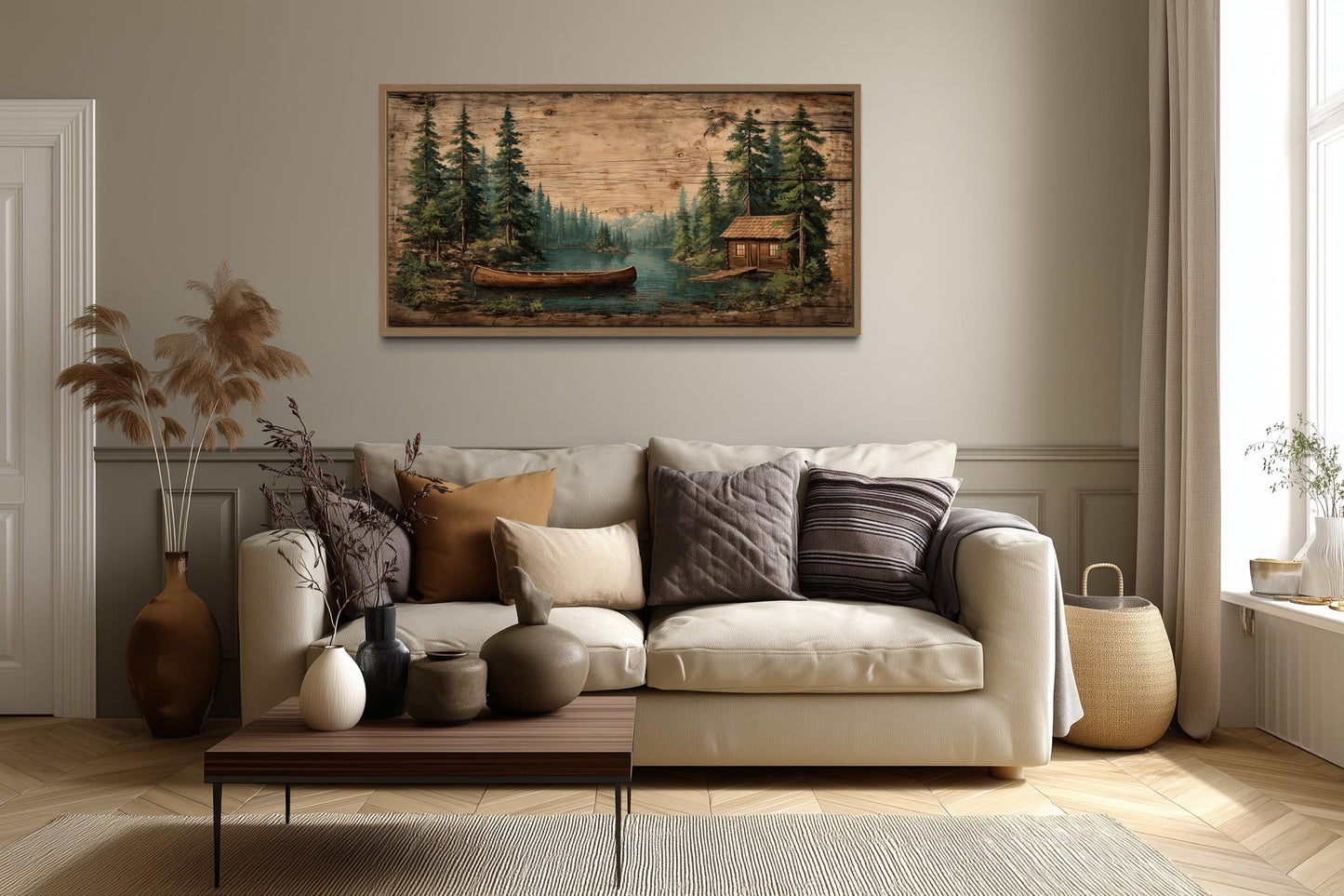 Canoe In The Lake And Pine Forest Scene Canvas Wall Art For Rustic Cabin Decor