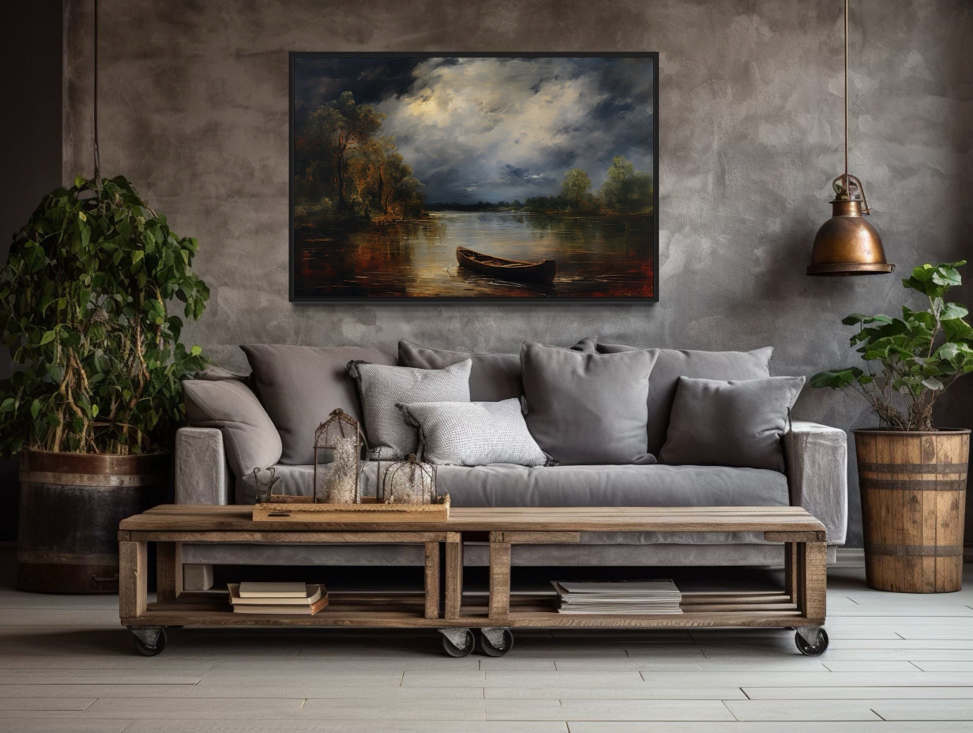 Canoe In The Lake At Night Vintage Moody Dark Academia Cabin Wall Decor Canvas Wall Art