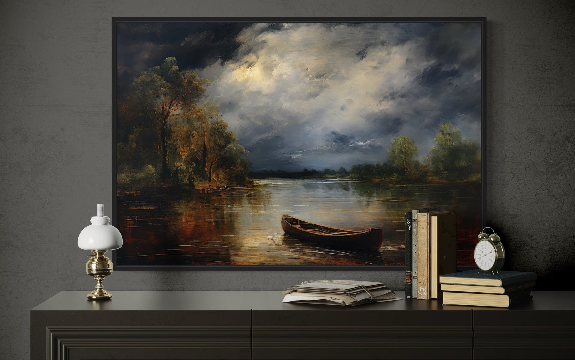 Canoe In The Lake At Night Vintage Moody Dark Academia Cabin Wall Decor Canvas Wall Art